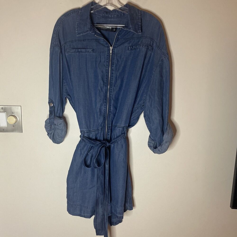 Gabrielle Union New York & Co Chambray Romper Long Sleeve Zip Tie Belt Size L